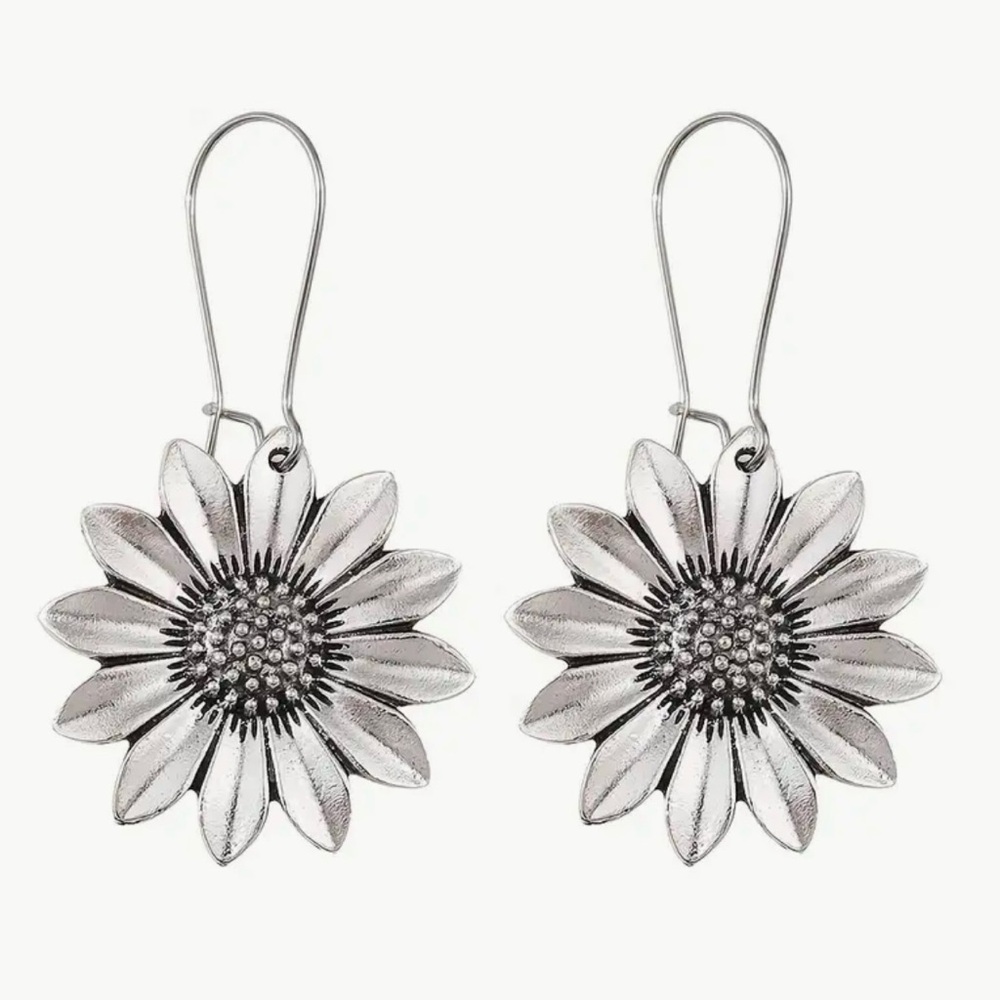 Sunflower Silver Fishhook Dangle Earrings - Picture 2 of 4